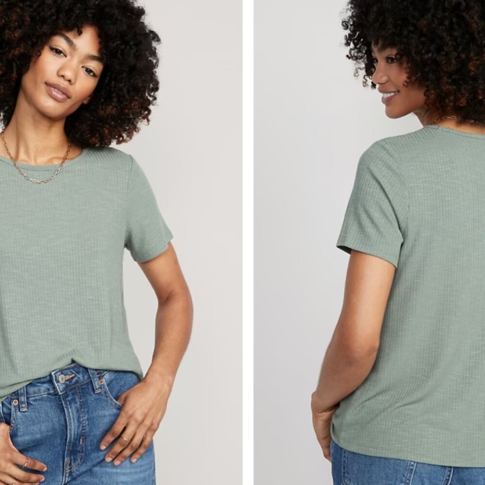 Old Navy Luxe Ribbed Slub-Knit T-Shirt in Ribbed Olive, Size XS